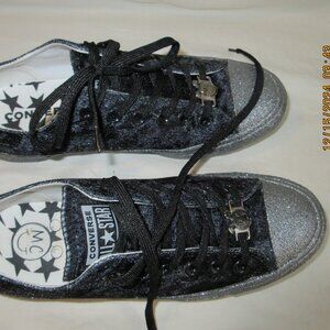 MILEY CYRUS~CONVERSE~BLACK VELOUR & SILVER~MC MOUSE SMILEY FACE~7 1/2